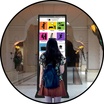 large hotel kiosk with Konsierz touchscreen in the lobby